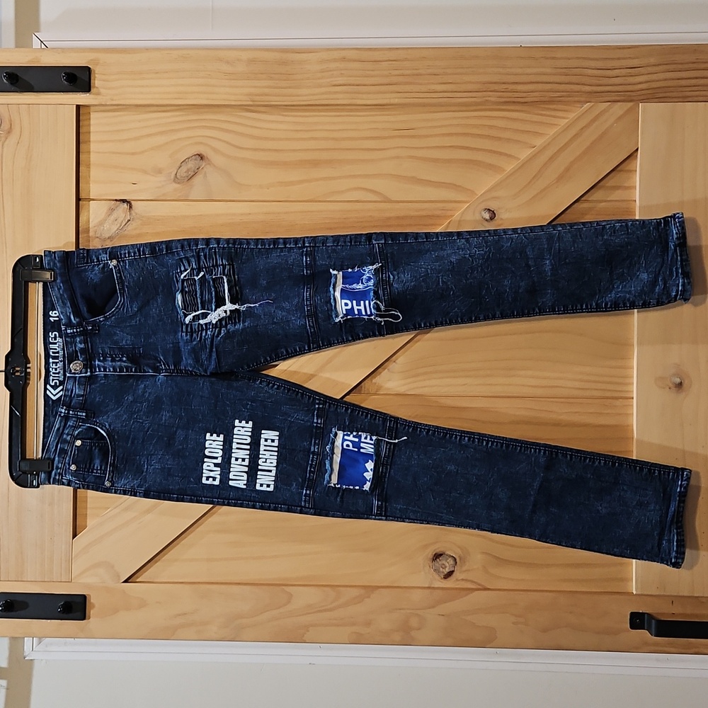 Street Rules Streetwear | Distressed Jeans with Graphic Patches | Boys Size 16